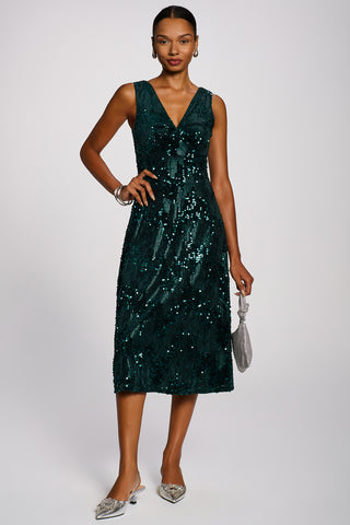 V-Neck Sequin Embellished Velvet Midi Dress, Dark Green