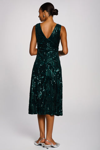 V-Neck Sequin Embellished Velvet Midi Dress, Dark Green