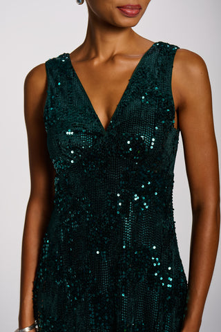V-Neck Sequin Embellished Velvet Midi Dress, Dark Green