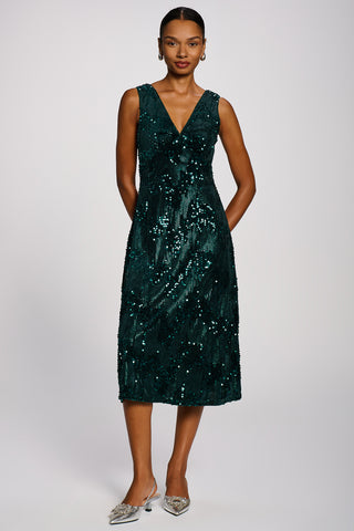 V-Neck Sequin Embellished Velvet Midi Dress, Dark Green