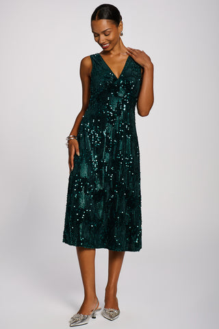 V-Neck Sequin Embellished Velvet Midi Dress, Dark Green