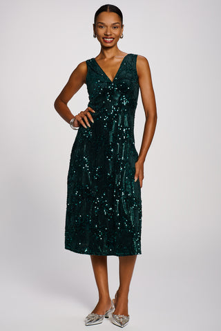 V-Neck Sequin Embellished Velvet Midi Dress, Dark Green
