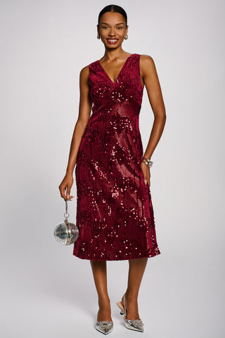 V-Neck Sequin Embellished Velvet Midi Dress, Fuchsia