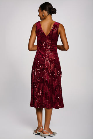 V-Neck Sequin Embellished Velvet Midi Dress, Fuchsia