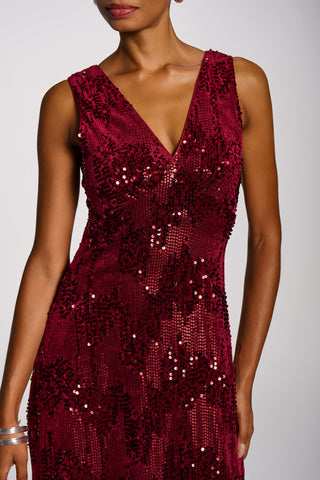 V-Neck Sequin Embellished Velvet Midi Dress, Fuchsia