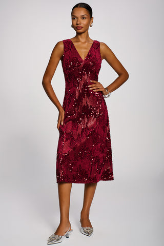 V-Neck Sequin Embellished Velvet Midi Dress, Fuchsia
