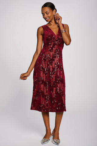 V-Neck Sequin Embellished Velvet Midi Dress, Fuchsia