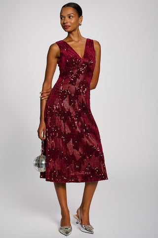 V-Neck Sequin Embellished Velvet Midi Dress, Fuchsia