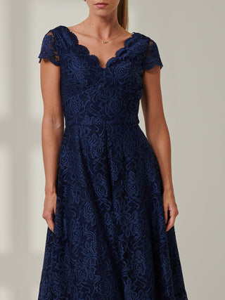 Cap Sleeve V Neck Lace Dress, Navy