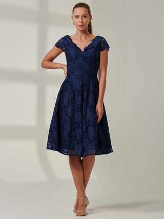 Cap Sleeve V Neck Lace Dress, Navy