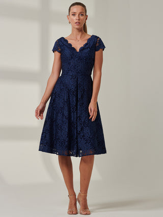 Cap Sleeve V Neck Lace Dress, Navy