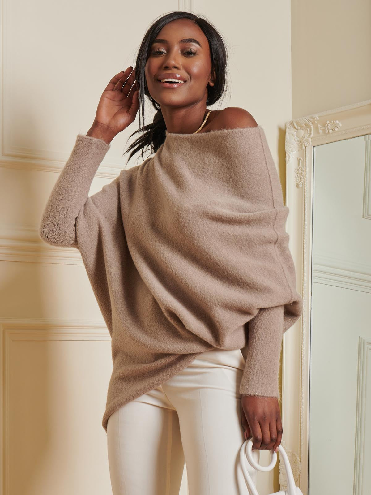 Made in Italy Wool Blend Asymmetric Knit Jumper, Mocha – Jolie Moi