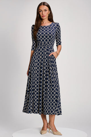 Printed Jersey Maxi Dress with 3/4 Sleeves, Navy Geo