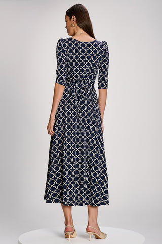 Printed Jersey Maxi Dress with 3/4 Sleeves, Navy Geo