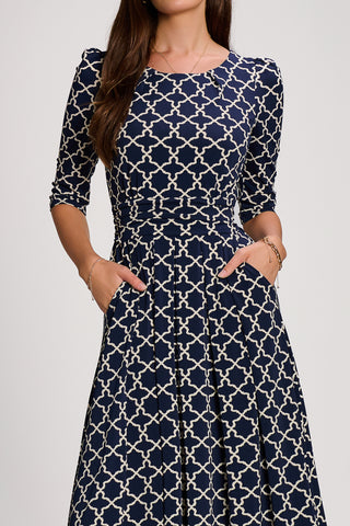 Printed Jersey Maxi Dress with 3/4 Sleeves, Navy Geo