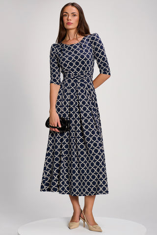 Printed Jersey Maxi Dress with 3/4 Sleeves, Navy Geo