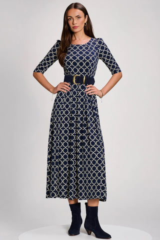 Printed Jersey Maxi Dress with 3/4 Sleeves, Navy Geo