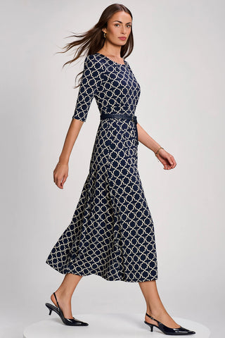 Printed Jersey Maxi Dress with 3/4 Sleeves, Navy Geo