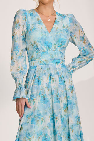 Long Sleeve Dip Hem Mesh Maxi Dress, Blue Floral