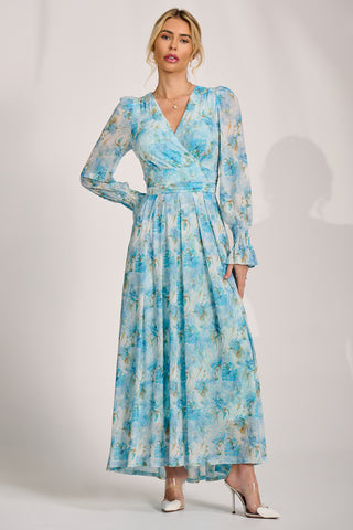 Long Sleeve Dip Hem Mesh Maxi Dress, Blue Floral