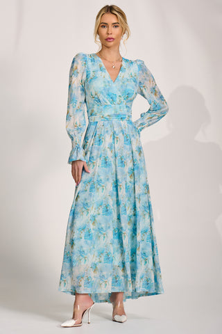 Long Sleeve Dip Hem Mesh Maxi Dress, Blue Floral