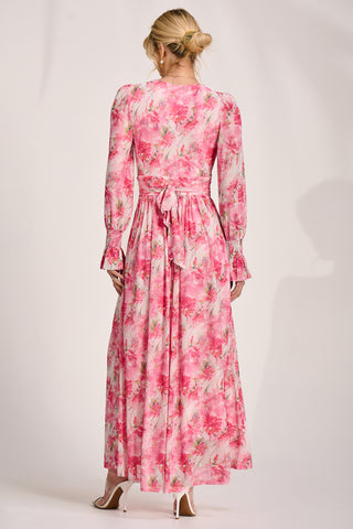Long Sleeve Dip Hem Mesh Maxi Dress, Pink Floral Jolie Moi Retail Long Sleeve Dip Hem Mesh Maxi Dress, Pink Floral Jolie Moi Retail
