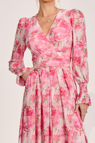 Long Sleeve Dip Hem Mesh Maxi Dress, Pink Floral