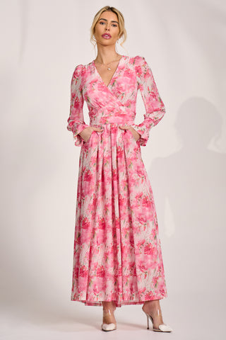 Long Sleeve Dip Hem Mesh Maxi Dress, Pink Floral