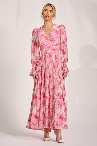 Long Sleeve Dip Hem Mesh Maxi Dress, Pink Floral