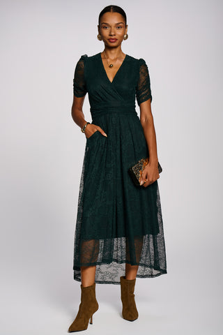 Lace Ruched Sleeve Dip Hem Maxi Dress, Dark Green