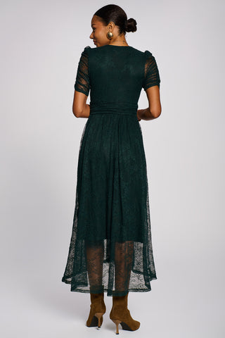 Lace Ruched Sleeve Dip Hem Maxi Dress, Dark Green