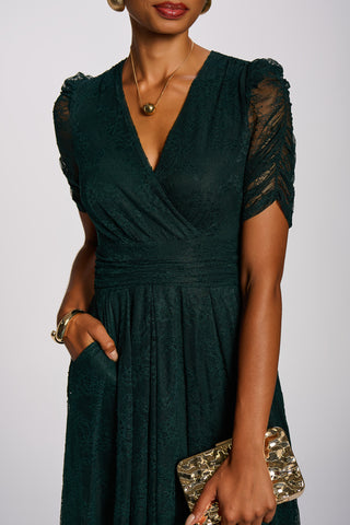 Lace Ruched Sleeve Dip Hem Maxi Dress, Dark Green