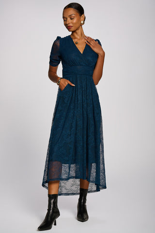 Lace Ruched Sleeve Dip Hem Maxi Dress, Teal