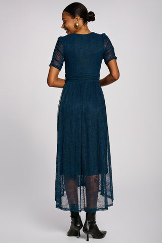 Lace Ruched Sleeve Dip Hem Maxi Dress, Teal