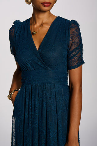 Lace Ruched Sleeve Dip Hem Maxi Dress, Teal