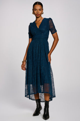 Lace Ruched Sleeve Dip Hem Maxi Dress, Teal