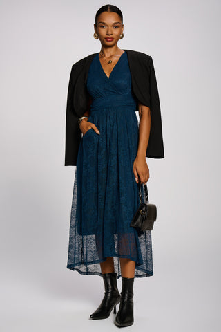 Lace Ruched Sleeve Dip Hem Maxi Dress, Teal