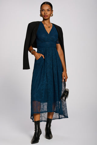Lace Ruched Sleeve Dip Hem Maxi Dress, Teal