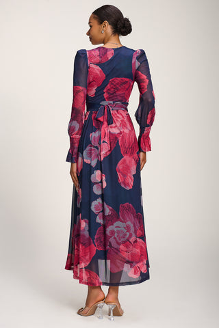 Long Sleeve V Neck Mesh Maxi Dress, Fuchsia Floral Jolie Moi Retail Long Sleeve V Neck Mesh Maxi Dress, Fuchsia Floral Jolie Moi Retail