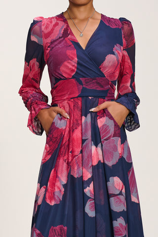 Long Sleeve V Neck Mesh Maxi Dress, Fuchsia Floral