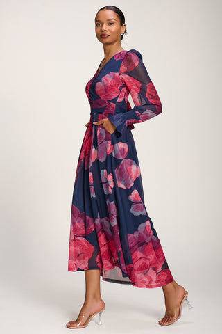 Long Sleeve V Neck Mesh Maxi Dress, Fuchsia Floral