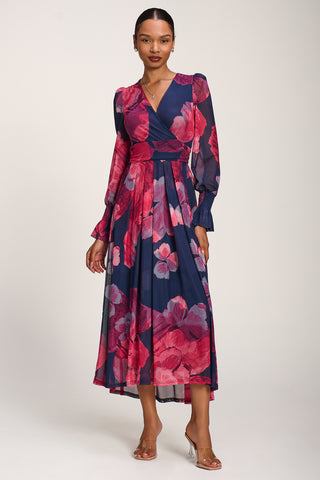Long Sleeve V Neck Mesh Maxi Dress, Fuchsia Floral