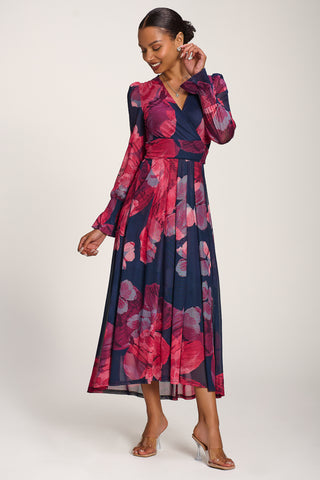 Long Sleeve V Neck Mesh Maxi Dress, Fuchsia Floral