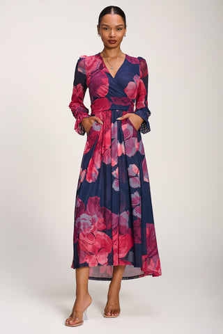 Long Sleeve V Neck Mesh Maxi Dress, Fuchsia Floral