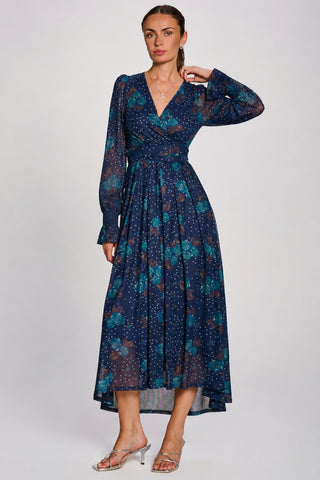 Long Sleeve Maxi Mesh Dress, Navy Floral