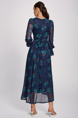 Long Sleeve Maxi Mesh Dress, Navy Floral