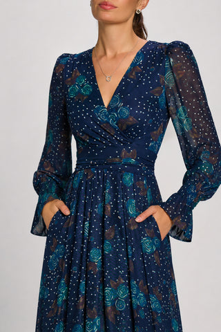 Long Sleeve Maxi Mesh Dress, Navy Floral