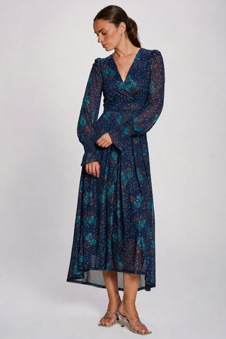 Long Sleeve Maxi Mesh Dress, Navy Floral