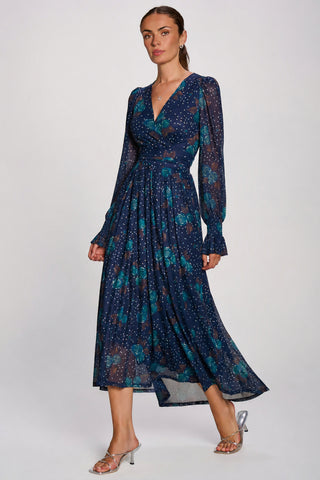 Long Sleeve Maxi Mesh Dress, Navy Floral