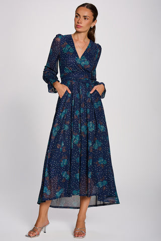 Long Sleeve Maxi Mesh Dress, Navy Floral